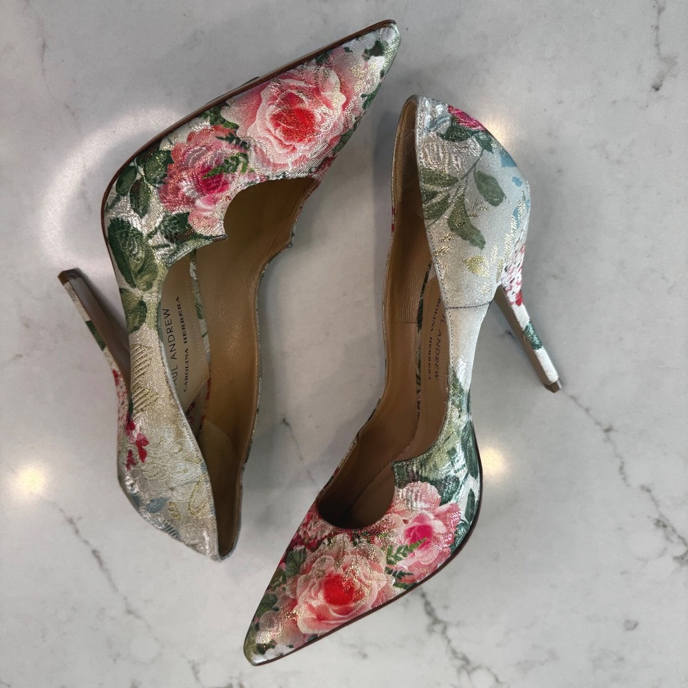 Paul Andrew Carolina‎ Herrera Women 9.5 EU 39.5 Floral Jacquard Pump Silver Pink